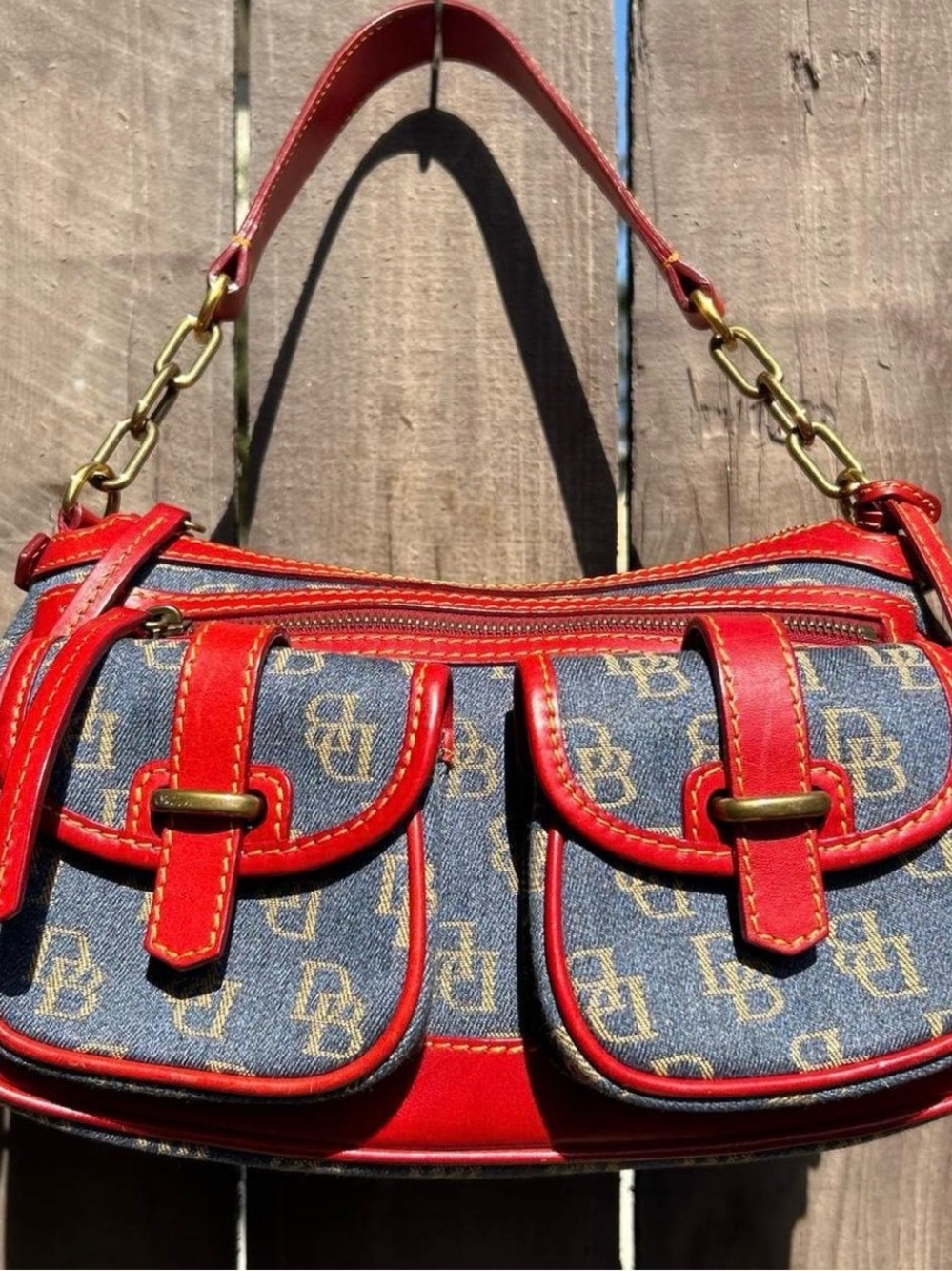 RARE Dooney & Bourke Red Trim Denim Logo Mini Shoulder Bag